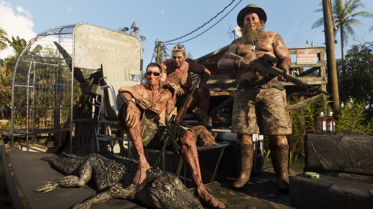People with an alligator in the Grassrivers region of GTA VI